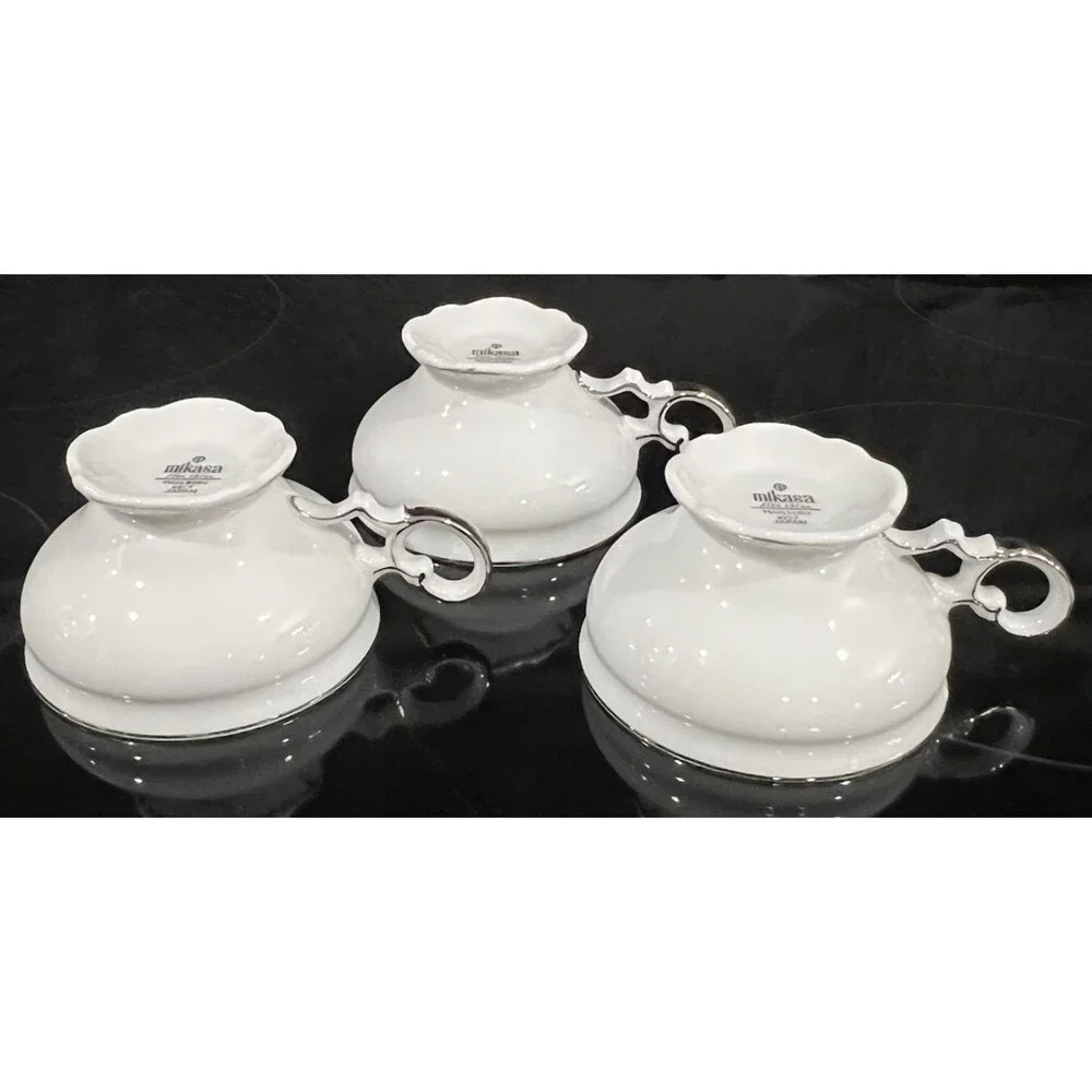 Set of 3 Mikasa Marlboro Footed Tea Cups 9267 Platinum Trim White Fine China
